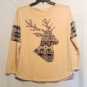 Moking Top reindeer longsleeve shirt peach beige blue design size L/XL
